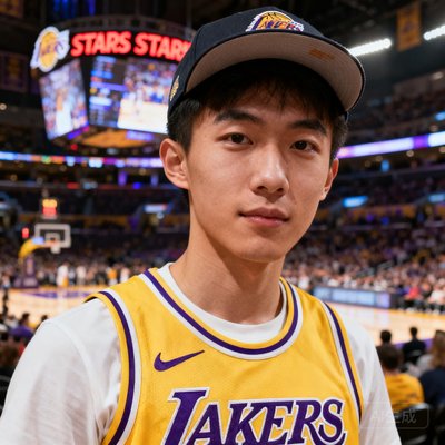 一位戴着棒球帽、穿着湖人队球衣的中国年轻男性球迷头像，背景是斯台普斯中心球场。