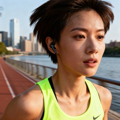 一位留着短发、戴着运动耳机的年轻女性跑步爱好者头像，身穿荧光色跑步背心，背景是城市河畔跑道。