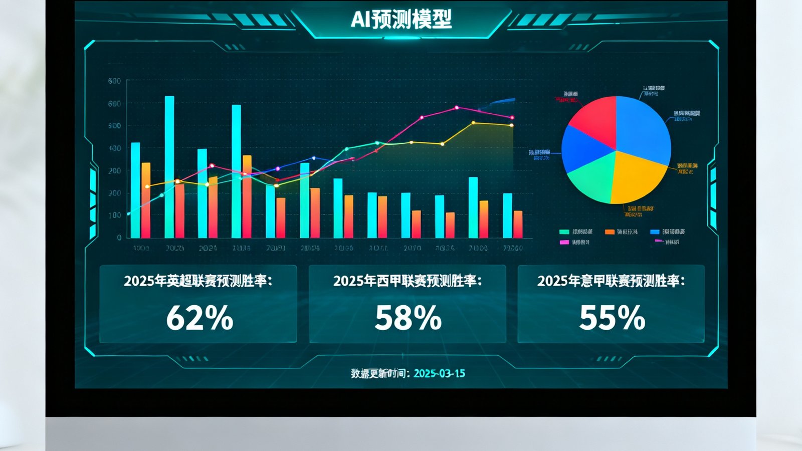 一张展示AI预测模型界面的截图，屏幕上有彩色数据图表和2025年各大联赛的预测胜率分布。