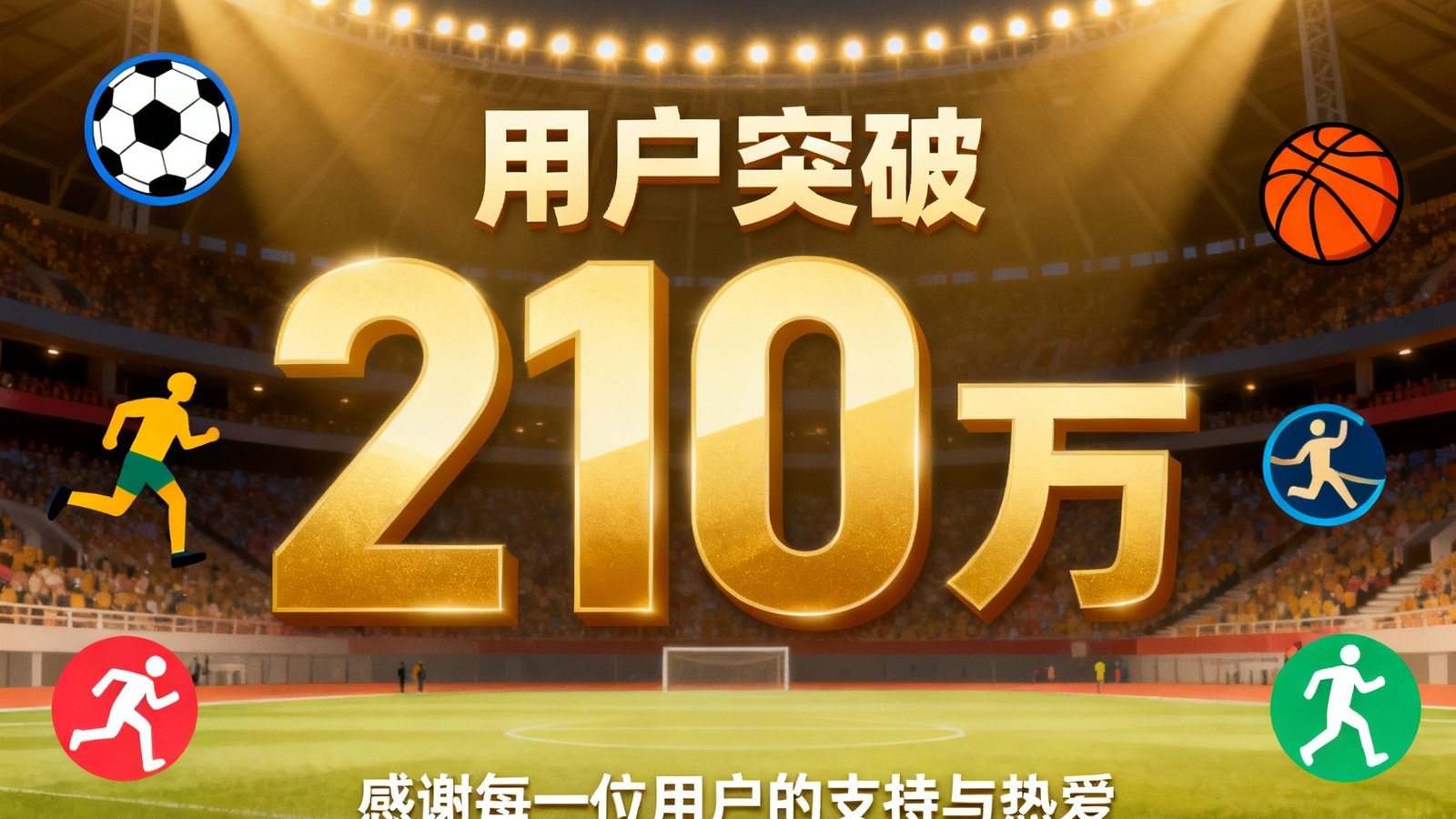 一张庆祝用户突破210万的创意海报，数字210万以体育场灯光为背景，周围环绕着各种运动项目的图标。