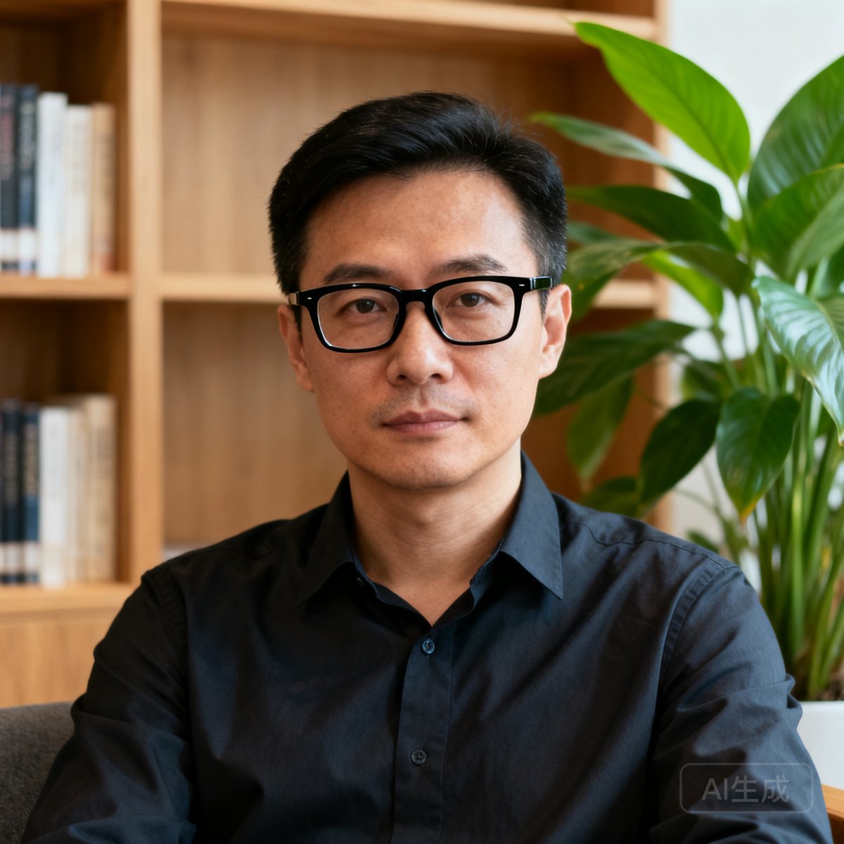 一位戴黑框眼镜、穿深色衬衫的三十多岁男性创始人的职业肖像照，背景是简洁的书架和绿植，气质沉稳而专注。